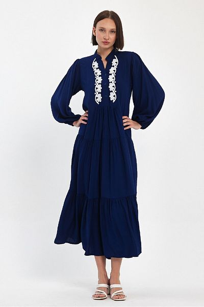 AYASOFYA OTANTIK Rochie de damă cu broderie bleumarin - rochie largi etnică autentică cu guler cu plăcuțe, mâneci lungi