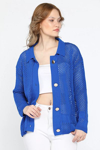 GÜLSELİ Gold Buttoned Openwork Women's Knitwear Cardigan - Sax Blue