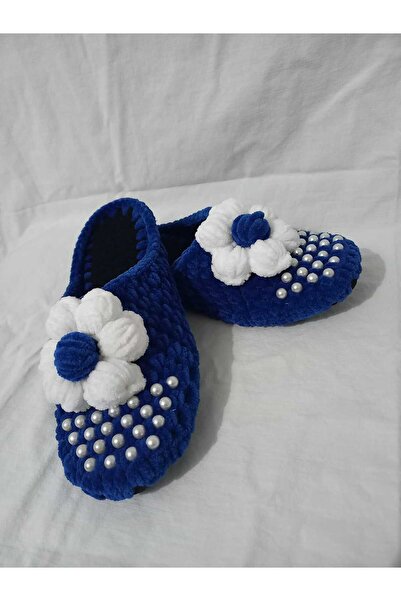 MERUT STYLE HAYATINI RENKLENDİR El Örgüsü Ev Terliği Kadife Ip Mavi Inci Detaylı