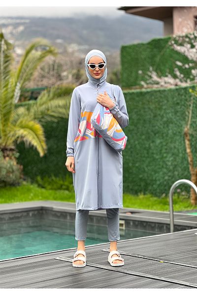 ALLMİRA FASHION 5-Piece Gray Hijab Swimsuit Set - Camellia Bag Detail