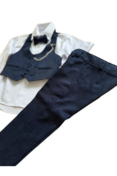 Meriç bebe Erkek Çocuk Yelekli ve Papyonlu Zincir Aksesuarlı Petek Desenli 4Lü Takım Elbise