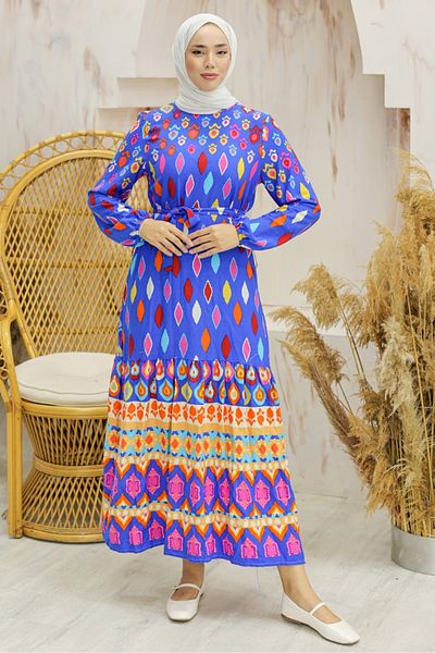 Bestenur Indigo Viscose Dress 943 - Mixed Color Woven