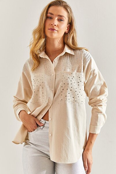 ubmbutik Kadın Gömlek - Taş İşlemeli Çift Cepli Keten Gömlek