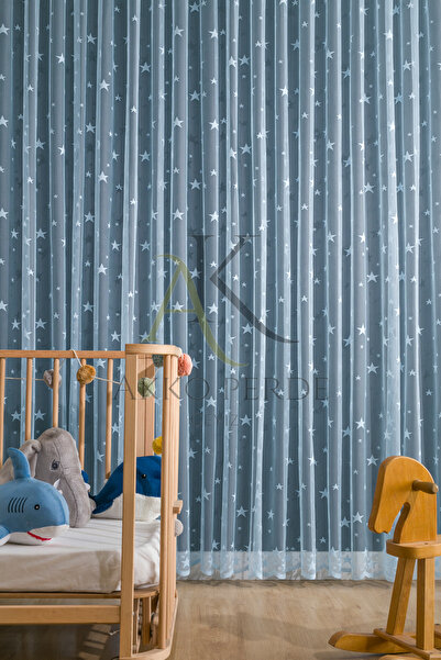 Karesi READY TO USE LARGE STAR BLUE MEDIUM PLEATED 1X2,5 TULLE CURTAIN