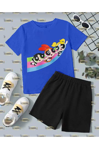 aynewmoda Set de tricouri și pantaloni scurți cu imprimeu Power Puff Girls