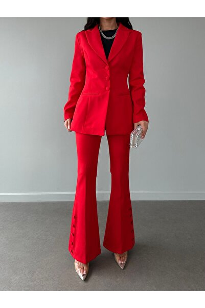 Female Clothing Red Fleto Pocket Button Blazer Jacket with Belt Flared Leg Button Stretchy Pants Suit