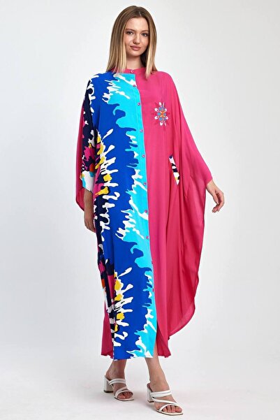 AYASOFYA OTANTIK Rochie lungă supradimensionată pentru femei, cu guler fucsia albastru - Design lejer cu nasturi