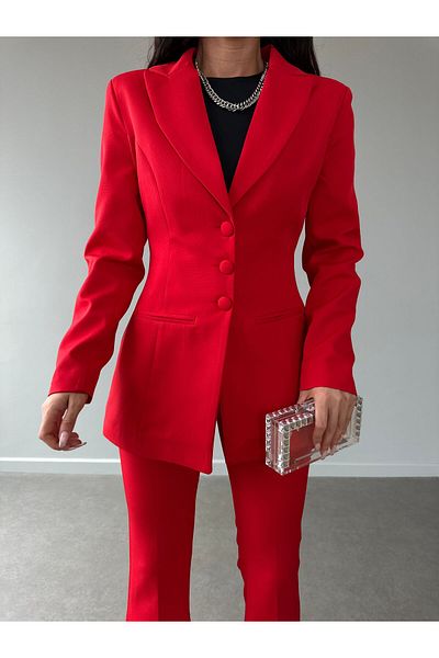 Female Clothing Red Fleto Pocket Button Blazer Jacket with Belt Flared Leg Button Stretchy Pants Suit