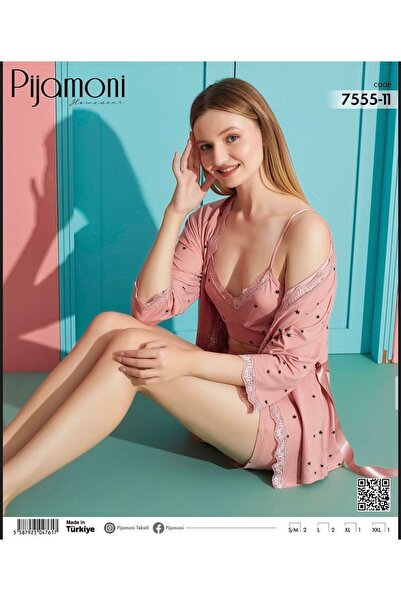 Pijamoni Kadın Milan Kumaş Sabahlıklı Şortlu Pijama Takımı