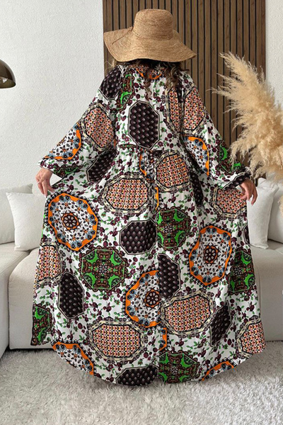 AYASOFYA OTANTIK White Ethnic Patterned - Lace-up and Placket Collar Balloon Sleeve Long Women's Dress