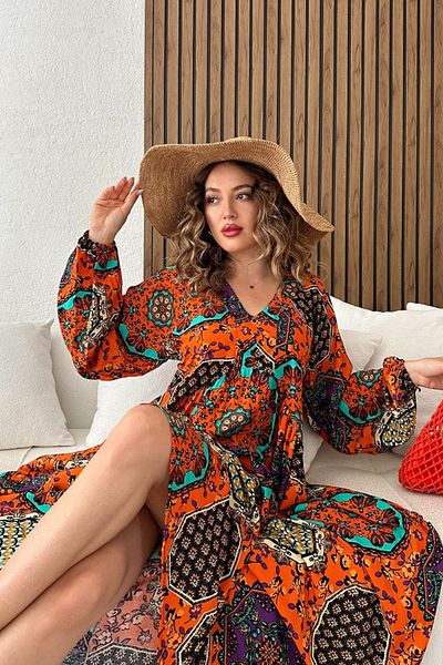 AYASOFYA OTANTIK Orange Ethnic Patterned - Women's Long Dress with Lace-up and Balloon Sleeve Detail