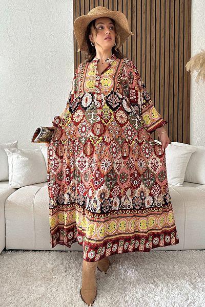AYASOFYA OTANTIK Burgundy Khaki Powder Mix - Buttoned and Placket Collar Ethnic Patterned Balloon Sleeve Long Women's Dress
