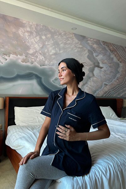 Mini Manhattan Design Lacivert %100 Pamuklu Kısa Kol Kaliteli Doğal Dokulu Hamile Günlük Pijama Üstü