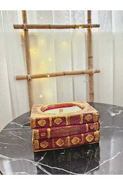 DNZ DEKOR Antik Kitap Desenli Bordo Mumluk & Mum & Dekoratif Obje