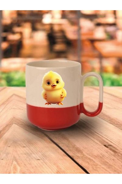 lili hediyelik Cute Chick Mug with Red Base - Ceramic Tea and Coffee Gift Cup