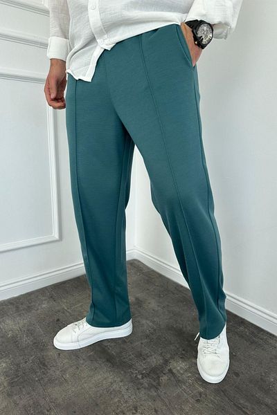 MADZEYMODA Ανδρικό φαρδύ παντελόνι Petrol Green Stripe - Ελαστική μέση