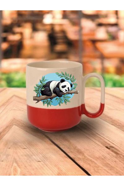 lili hediyelik Ceramic Tea and Coffee Gift Cup with Panda on a Branch with Red Base