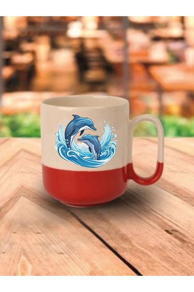 lili hediyelik Red Based Dolphins Printed Gift Mug Cup - Ceramic Tea and Coffee Gift Cup