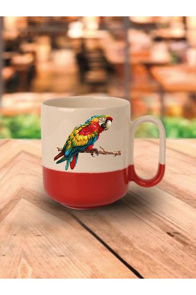 lili hediyelik Ceramic Tea and Coffee Cup with Red Base and Parrot - Gift for Lovers