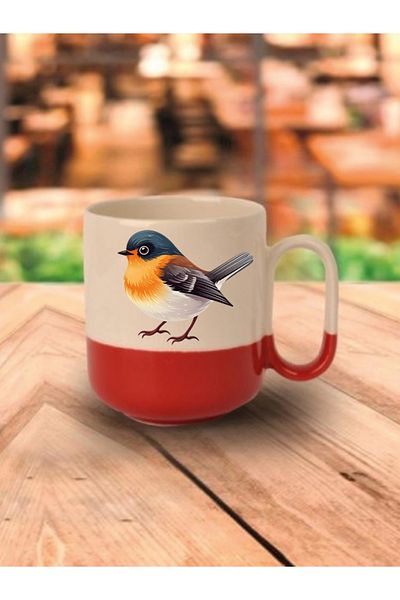 lili hediyelik Sweet Bird Mug with Red Base - Ceramic Tea and Coffee Cup as a Gift for Lovers