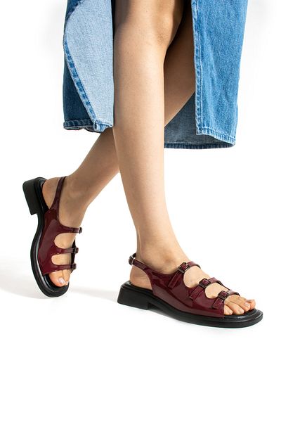 PATİSHOES BOREX-ASTAR Women's Heeled Shoes - Double Buckle, Claret Red Patent Leather