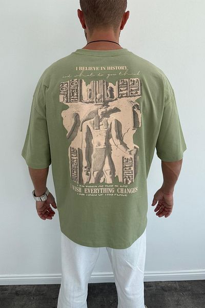 MADZEYMODA Ανδρικό T-Shirt Khaki Green - Oversize Loose Fit, Crew Neck, Back Printed