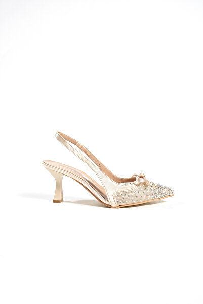DUXAL SHOES Olivia Kadın Stiletto Taşlı Sivri Burun Fiyonk Detay Arkası Açık Abiye Klasik Topuklu Ayakkabı