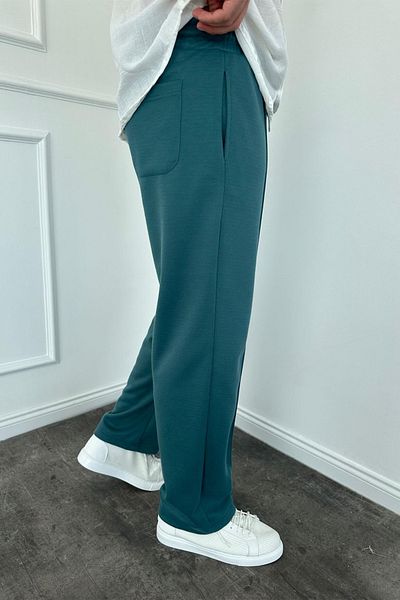 MADZEYMODA Ανδρικό φαρδύ παντελόνι Petrol Green Stripe - Ελαστική μέση