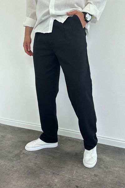 MADZEYMODA Μαύρο λινό παντελόνι - φαρδιά φαρδιά εφαρμογή, ελαστική μέση, πλισέ
