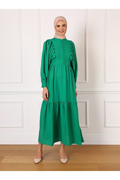 Refka Brit Button Detailed Bat Sleeve Hijab Dress - Grass Green - Refka