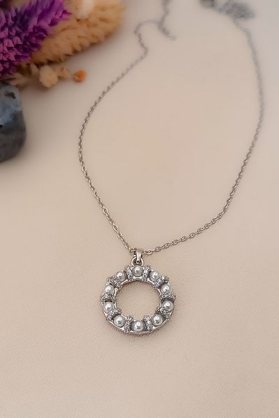 COSİTA Zircon Stone Pearl Circle Classic Silver Necklace