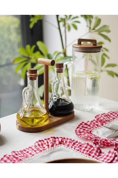 KaiHome 2-Piece Acacia and Stand Oil Pot Set