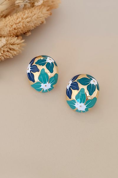 COSİTA Navy Blue Turquoise Leaf Pattern - Gold Colored Hemisphere Earrings