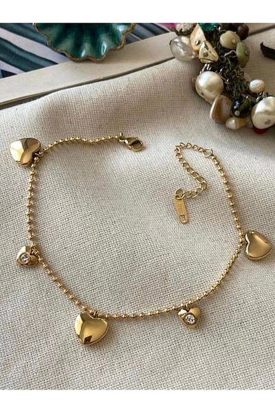 SU PERİSİ TAKI BİJUTERİ Steel Gold Dorica Chain and Zircon Stone Heart Anklet