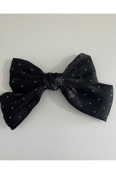 Rachel 21 cm Automatic Shiny Jewelled Black Bow - Hair Clip with Clasp