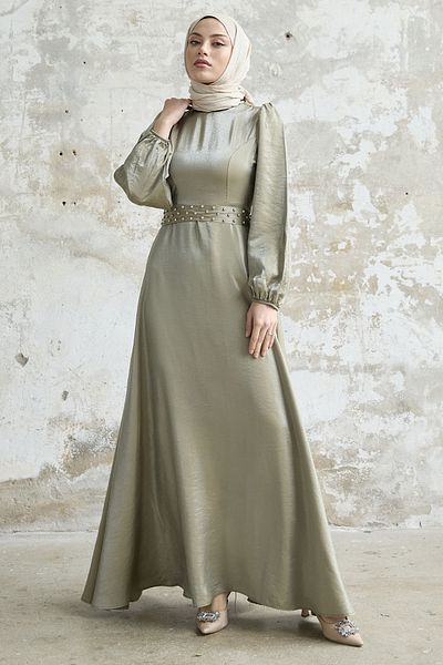 InStyle Glittery Σατέν Φόρεμα με Πέτρινη Ζώνη - Χακί