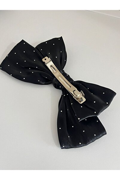 Rachel 21 cm Automatic Shiny Jewelled Black Bow - Hair Clip with Clasp