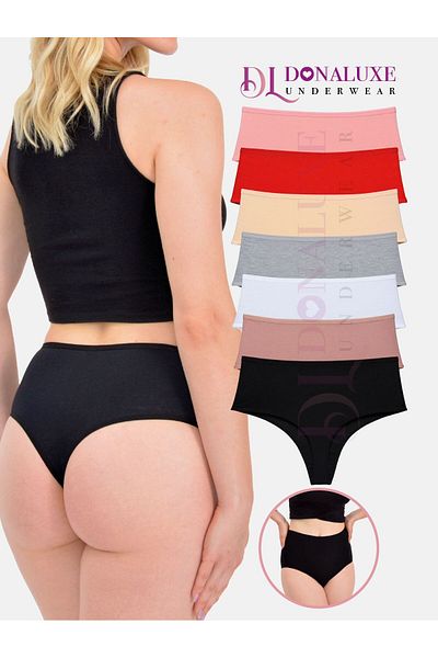 Donaluxe Tanga de damă cu talie înaltă, piele de somon, roșu, nurcă, gri, negru, bumbac, țesătură moale, pachet de 7