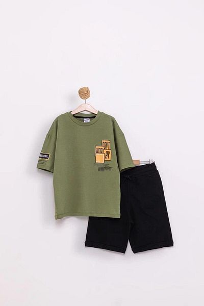 Tk 7-10 Years Old Children's Combed Cotton Set - Printed on Chest and Back, Pocketed Combed Cotton Shorts