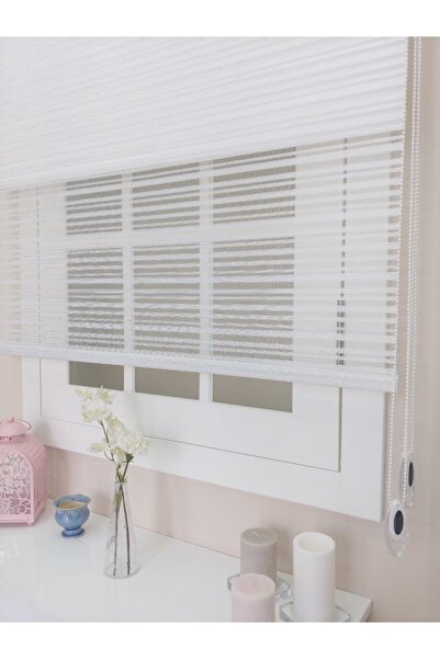 atölyeperde Atölye Perde Çiftli Sistem Beyaz Kalın Çizgili Stor+tül