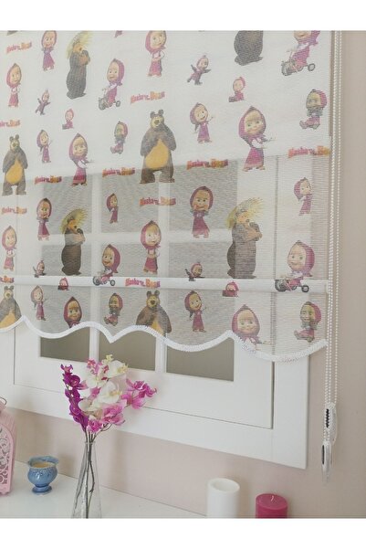 atölyeperde Atölye Perde Çiftli Sistem Beyaz Üzerine Ayı Ve Küçük Kız Baskılı...