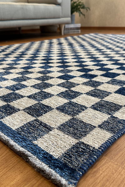 MYHOME HALI Moretti Nordi Küp Kare Desenli Yıkanabilir Lacivert Salon Mutfak Halısı