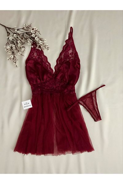 MH Moony Homewears Dezastru Bordeaux Satin Piept acoperit Mini Tulle Cămașă de noapte Lenjerie