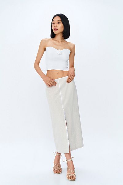 Quzu Natural Linen Midi Skirt - Slit Detail