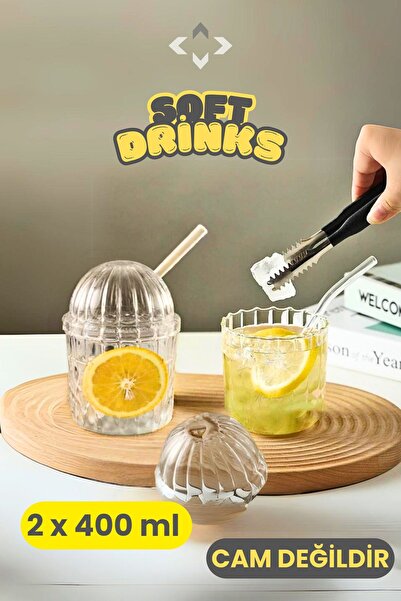 LİGROUND SOFT DRİNK 2'li Pipetli KRİSTAL MİKA Smoothie Bardağı İçecek-Meşruba...