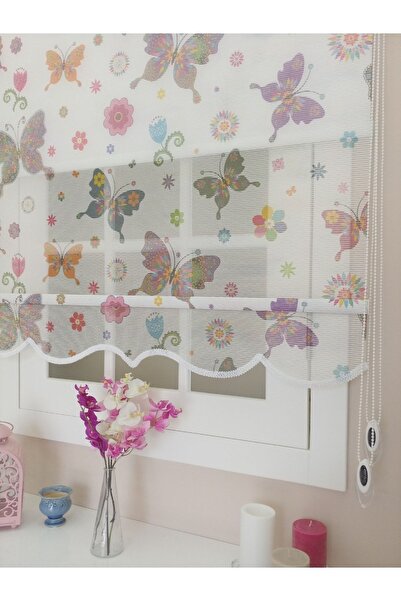 atölyeperde Atölye Perde Çiftli Sistem Beyaz Üzerine Renkli Kelebek-1 Baskılı Tül Ve Stor