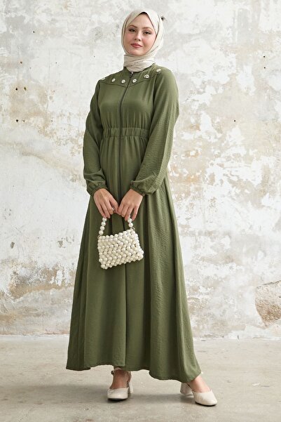 InStyle Khaki Ferace - Flower and Pearl Detailed Elastic