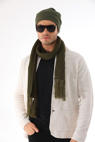 Ritagarcia Men's Khaki String Beret Scarf Set