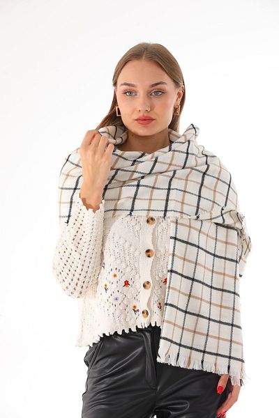 Ritagarcia Women's Soft Textured Ecru-stone Plaid Scarf