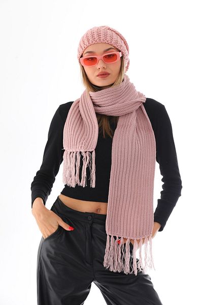 Ritagarcia Set beanie eșarfă cu pompon pudră tricotată gros